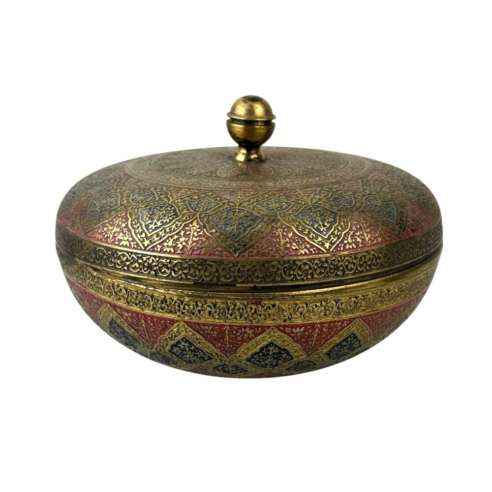 Kinco Brass Lidded Round Circular Trinket Box Home Decor Accent Boho Vintage